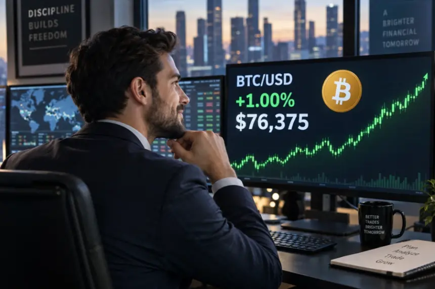 交易员观看BITSTAMP:BTCUSD图表，比特币报76,375美元，上涨1%，价格在大盘屏幕上稳步攀升。