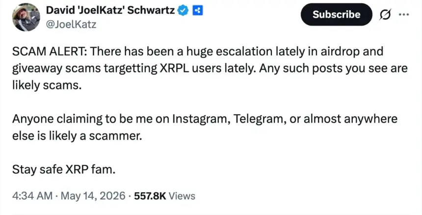 David Schwartz 警告 XRPL 用户警惕冒充者及 Instagram 和 Telegram 上的虚假加密赠送活动的置顶帖。
