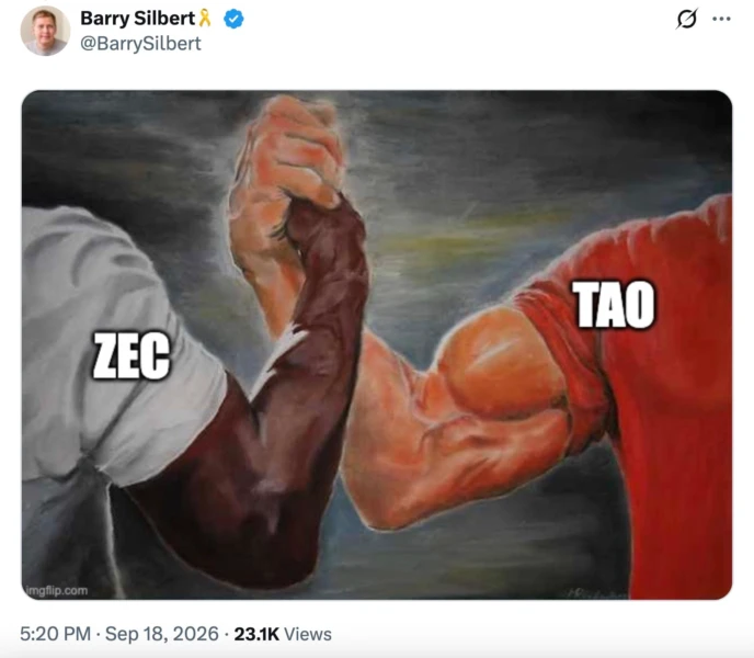 X post by Barry Silbert featuring an epic handshake meme between ZEC and TAO tokens.
