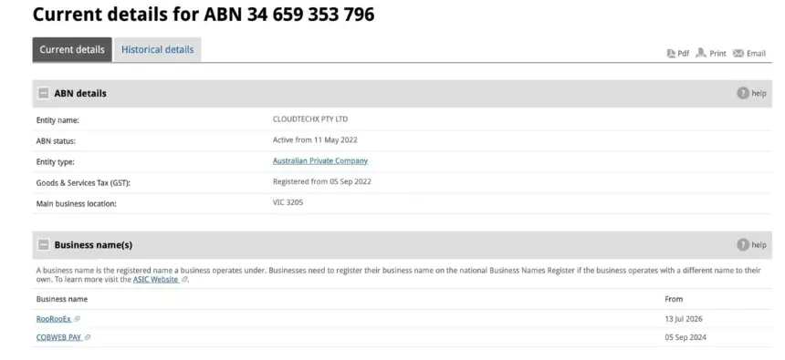 RooRooEx registry records. Source: ABN Lookup