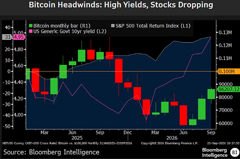 Bitcoin price chart against Treasury yields and S&P 500 performance