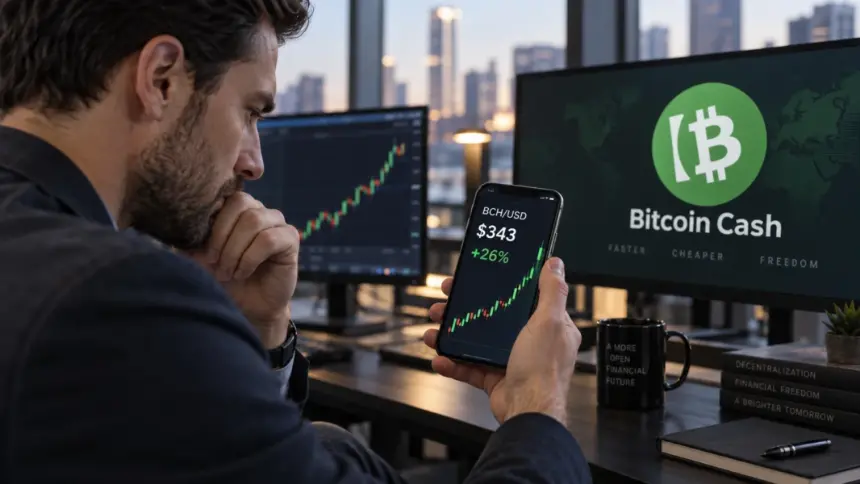 An analyst checking Bitcoin Cash rally on trading screens on phone and computer