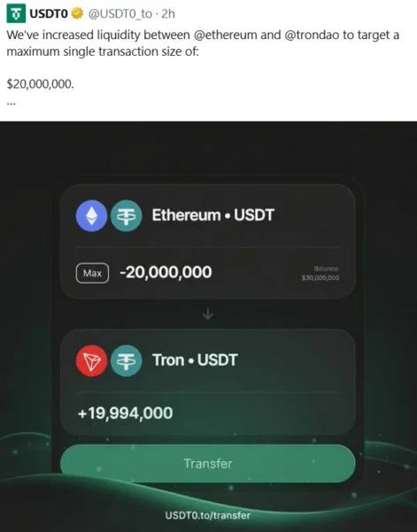 USDT0 提升以太坊-波场流动性，单笔转账目标 2000 万美元