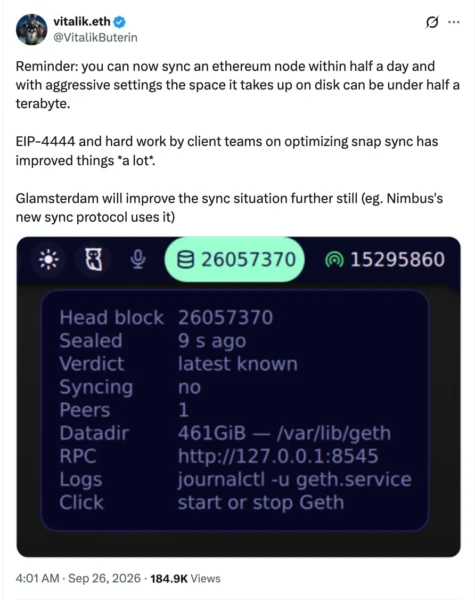 Vitalik Buterin于2026年9月26日发布关于EIP-4444裁剪和461 GiB Geth数据目录界面的X帖子截图。
