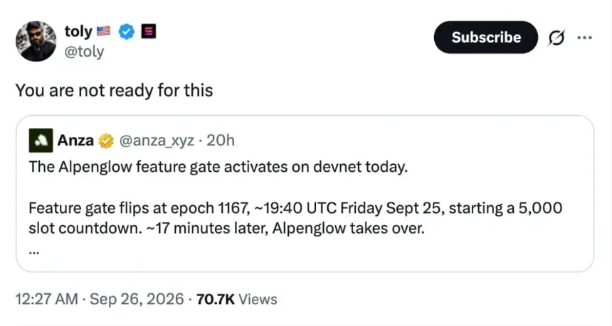 X平台上toly引用Anza关于Alpenglow在epoch 1167于devnet激活的帖子截图。