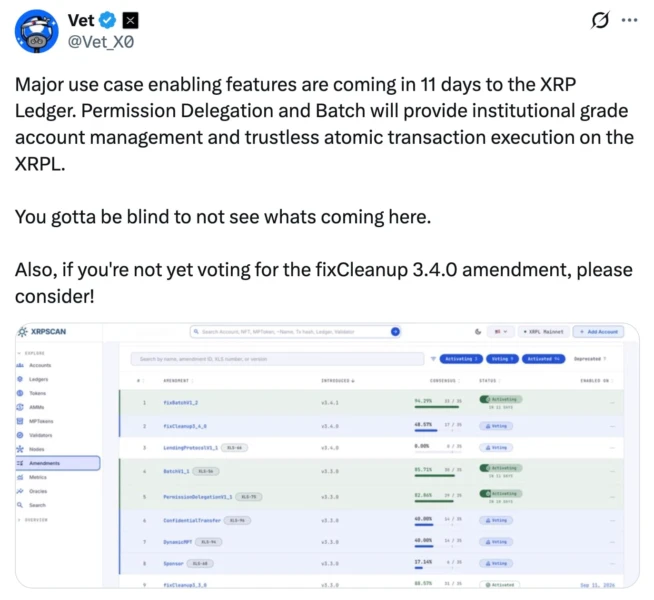 Vet 在 X 平台发布的截图显示 XRPScan 仪表盘上 Batch 与 Permission Delegation 修正案将在 11 天后激活