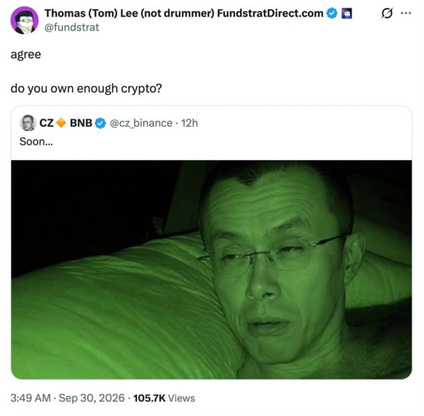 Tom Lee在X上发文询问投资者是否持有足够加密资产的截图