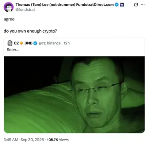 Tom Lee借CZ自拍追问“加密持仓够吗”：BitMine 162亿美元以太坊押注逼近5%供应