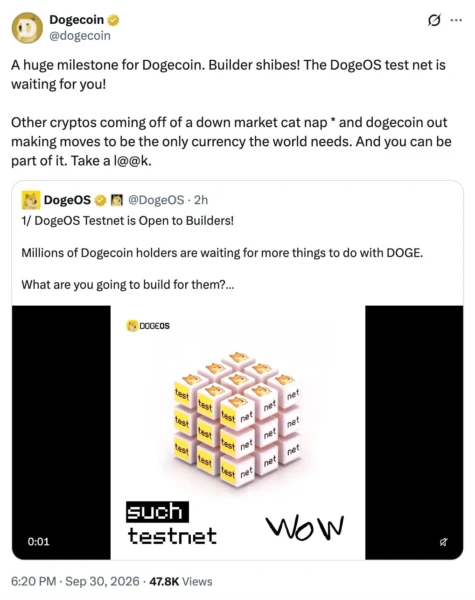 狗狗币官方账号宣布 DogeOS 公共测试网向开发者开放的推文截图