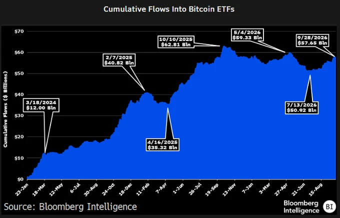 比特币ETF累计资金流。图片来源：Bloomberg。