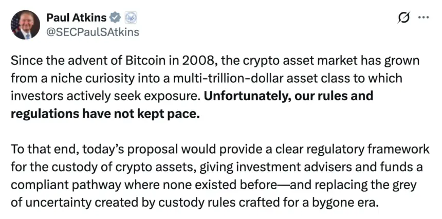 SEC主席Paul Atkins关于加密资产托管清晰监管框架的官方声明截图。