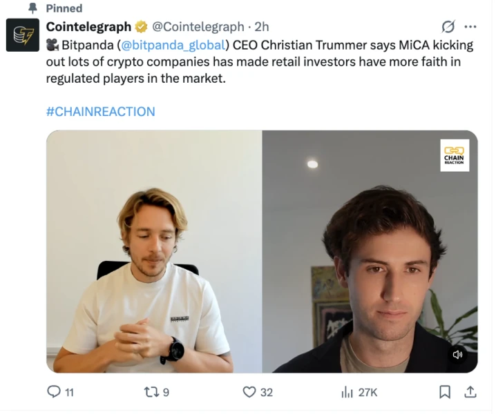 MiCA落地提升受监管加密平台信任度，Bitpanda联合CEO呼吁严格执法