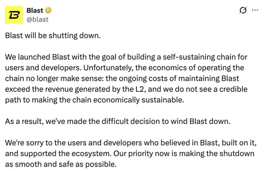 Blast to Shut Down Ethereum L2 After Revenue Fails to Cover Costs
