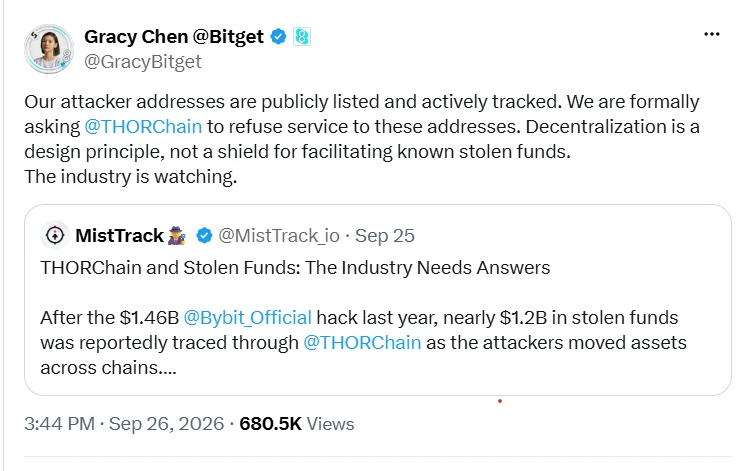 THORChain and NEAR Intents Split Over Blocking Stolen Bitget Funds