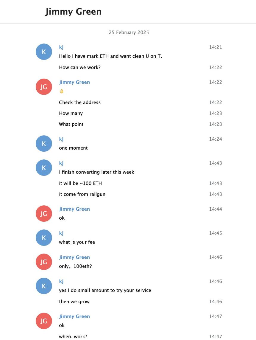 Screenshot of a conversation between ZachXBT and Jimmy Green. Image: ZachXBT