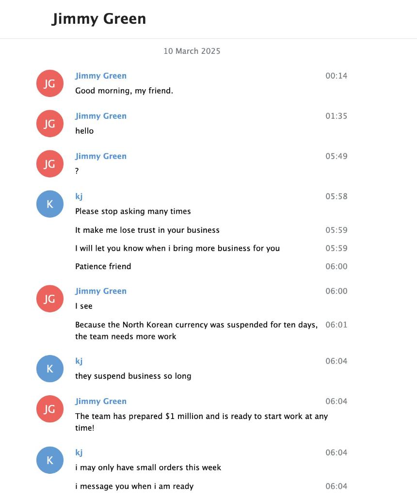 Screenshot of a conversation between ZachXBT and Jimmy Green. Image: ZachXBT
