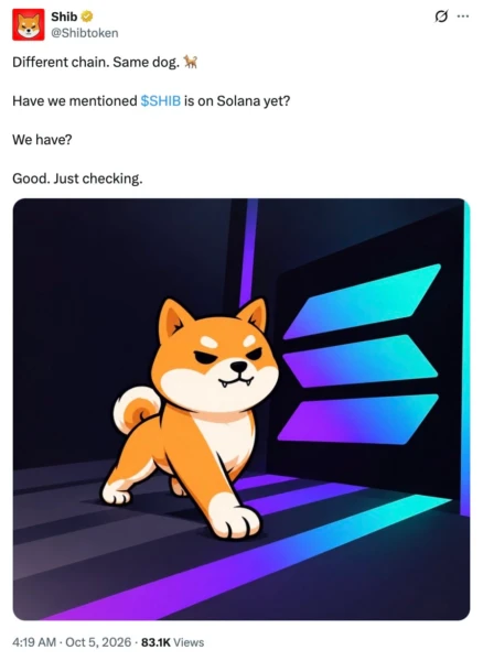 Shiba Inu官方账号社交帖，显示卡通柴犬犬行走在发光的蓝紫色Solana标志旁，日期为2026年10月5日
