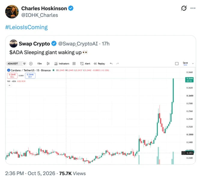 Charles Hoskinson 引用币安 ADA/USDT 15分钟价格图，显示价格急升至0.264美元的推文截图。
