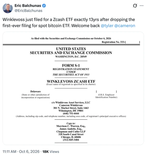 Winklevoss支持的Zcash ETF向SEC提交纳斯达克上市申请，代码WINK