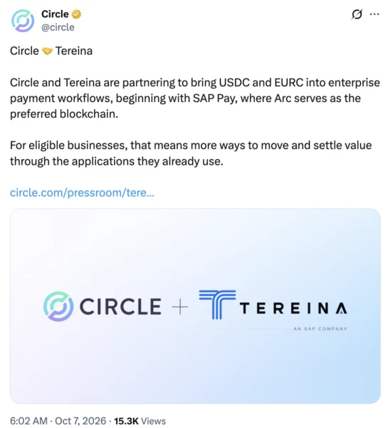 Circle Taps SAP-Backed Tereina to Bring USDC and EURC Payments to Enterprise Workflows