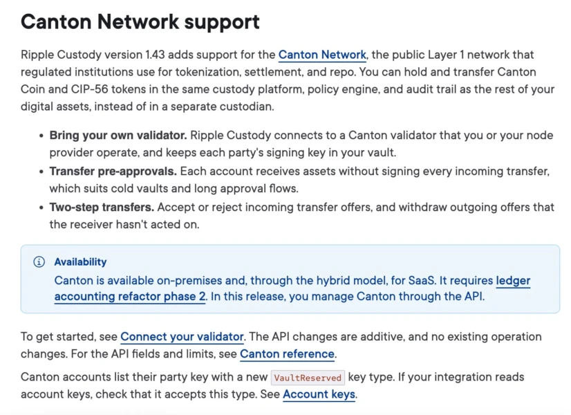 Ripple Custody version 1.43 documentation explaining Canton Network support, validator options, pre-approvals, and API availability.