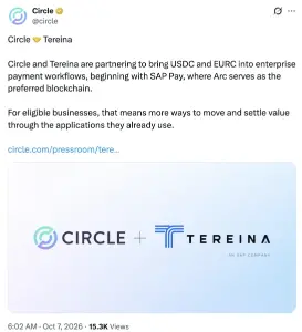Circle联合SAP支持的Tereina，推动USDC与EURC进入企业支付流程