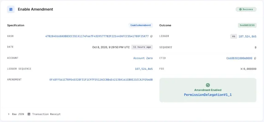 XRPScan 浏览器页面截图,显示 PermissionDelegationV1_1 在账本 107,524,865 成功启用修正案交易。