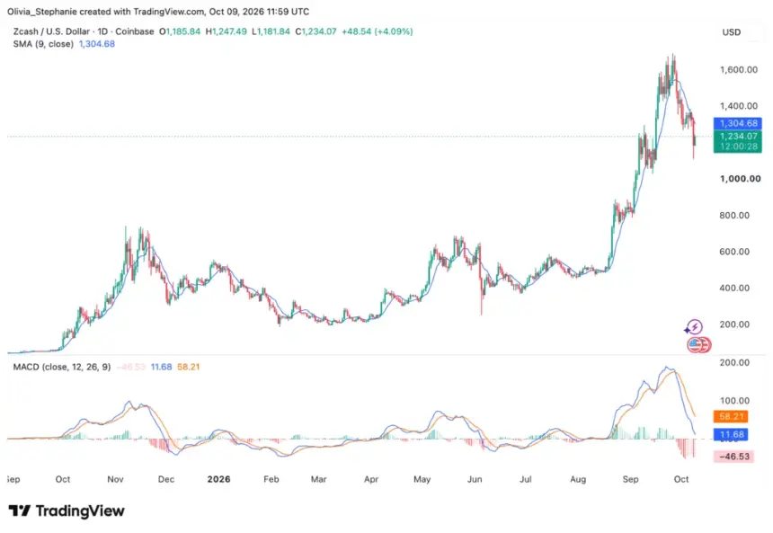 Zcash (ZEC) 价格走势图,来源:TradingView