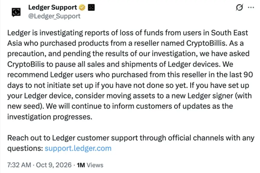 Ledger 警告用户：东南亚经销商相关加密损失报告