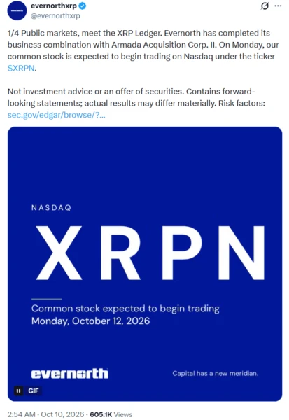 Evernorth 纳斯达克 XRPN 上市官方公告