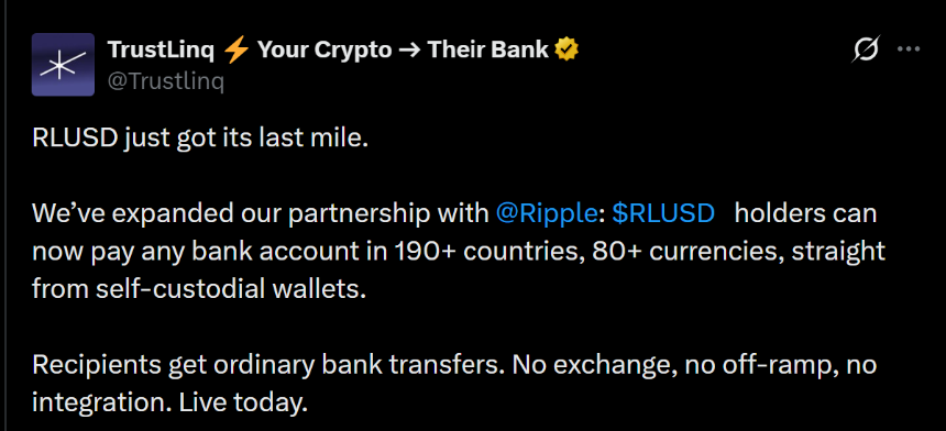 TrustLinq 将 RLUSD 扩展至 190 多个国家