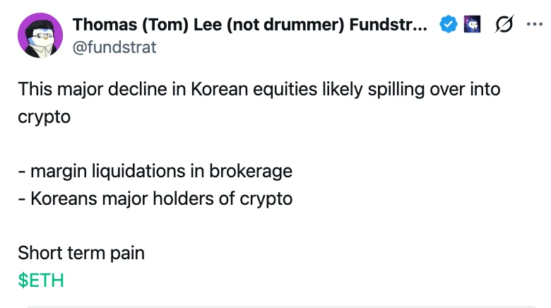 Tom Lee Flags Potential Crypto Selling From Korean Margin Calls
