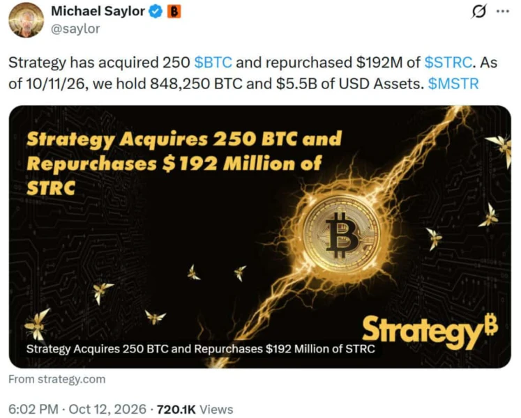 Michael Saylor acquired 250 BTC for $21.5 million and repurchased $192 million in STRC preferred shares