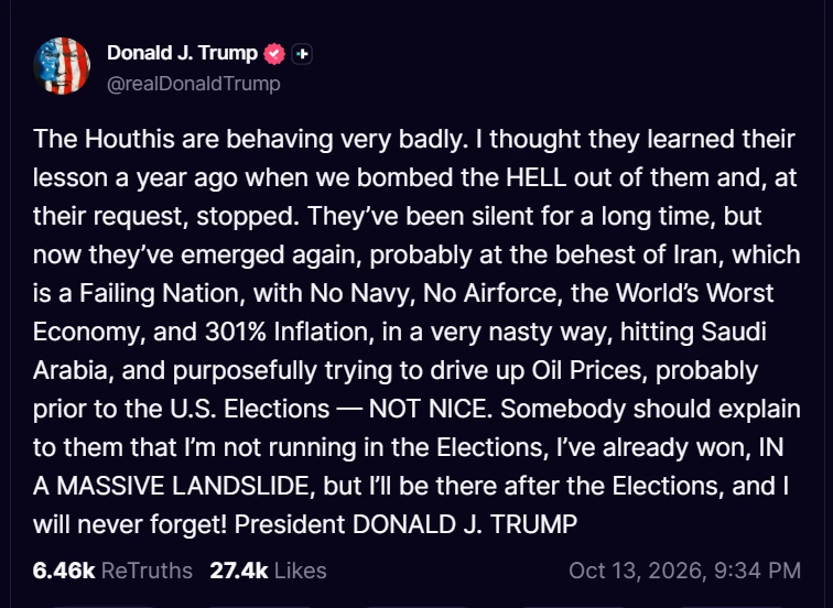 Polymarket Bettors See Just 7% Odds Trump Invokes War Powers Against Houthis After Saudi Airport Strike Kills American