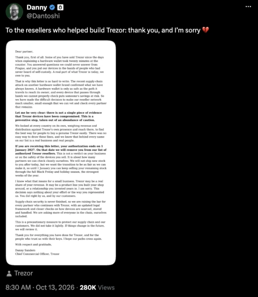 Trezor 缩减授权经销商以应对 Ledger 篡改报告