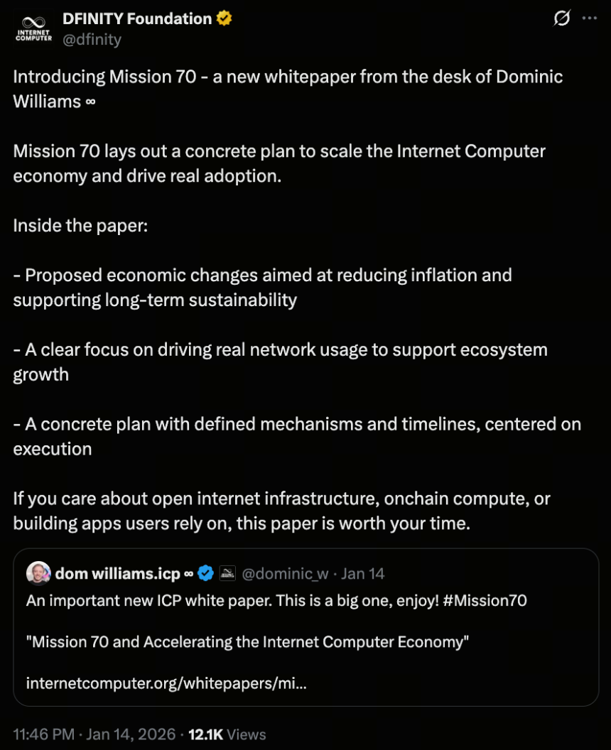 DFINITY 发布“使命 70”白皮书,拓展互联网计算机经济