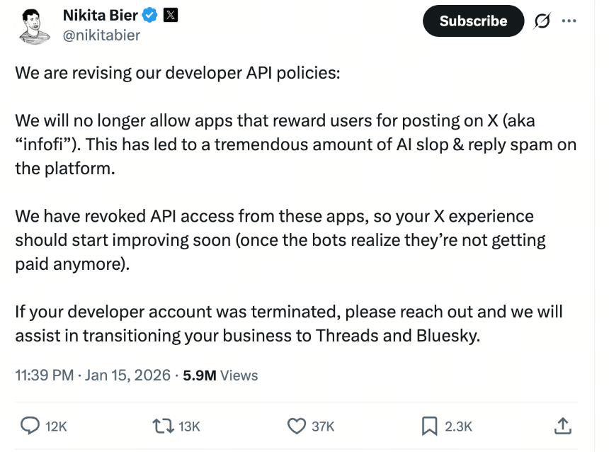 Musk 的 X 阻止 InfoFi 应用程序:评估 2026 年 API 法规将如何影响 Kaito 和 Cookie DAO
