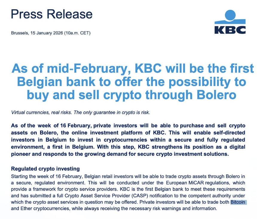 KBC 银行在比利时推出受监管的比特币和以太币交易:欧洲加密市场的新时代