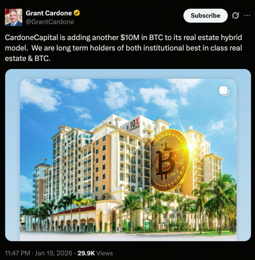 Cardone Capital再加码比特币：以房地产打造长期混合资产策略