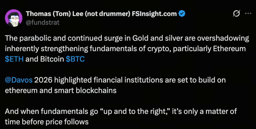 Tom Lee 表示加密货币基本面正在黄金反弹之下走强
