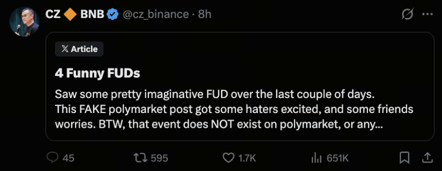 CZ 解决市场 FUD 问题并澄清近期谣言