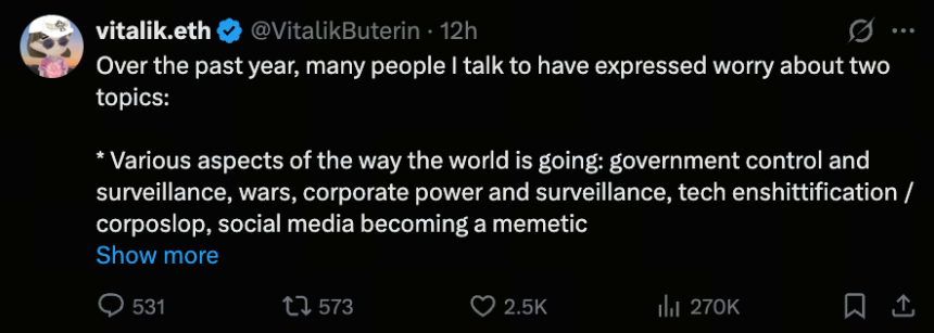 Vitalik Buterin:以太坊的核心理念不是拯救世界;而是建立一个能够抵御普遍监视和控制的数字空间。