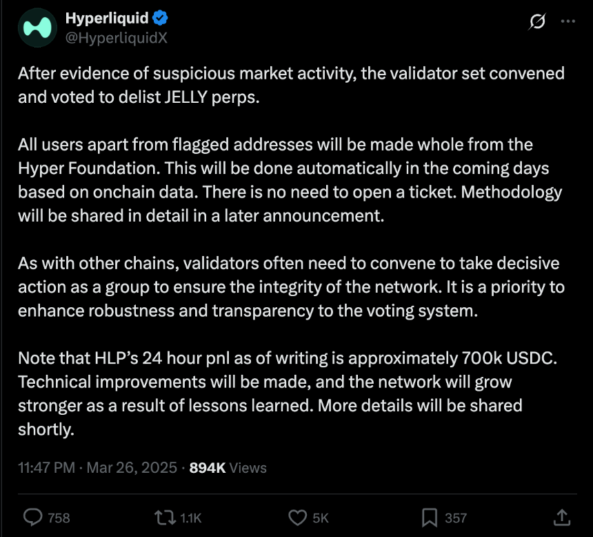 去中心化交易所 (DEX) 平台 Hyperliquid 危机