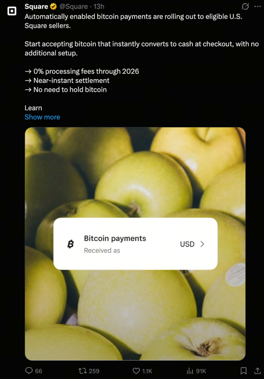 Square 导入比特币支付功能,美国数百万商家可自动接受 BTC 交易
