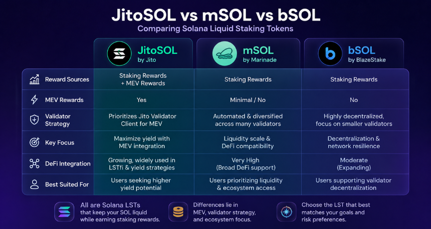 JitoSOL、mSOL 与 bSOL 的核心区别是什么?