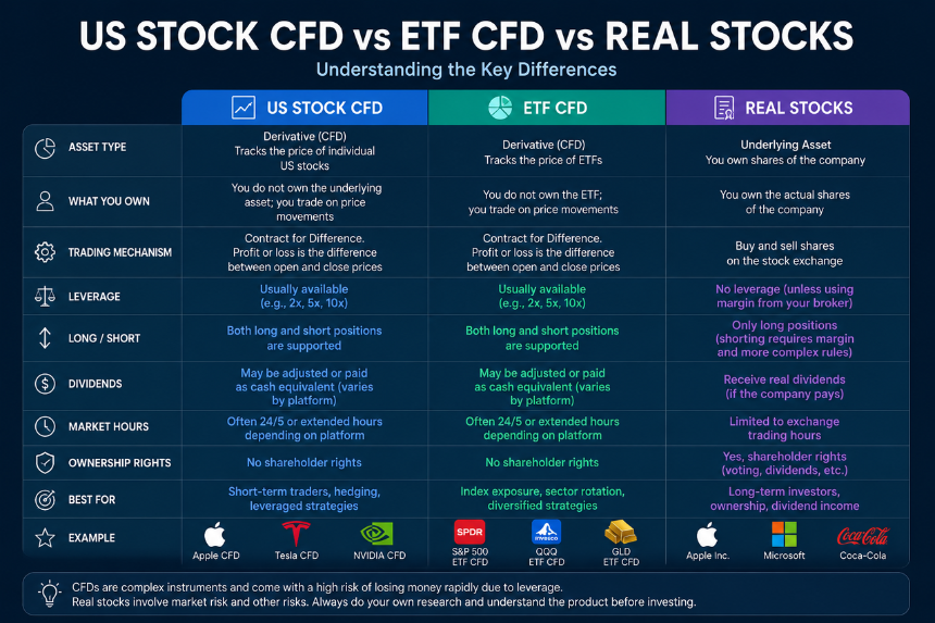 US Stock CFDs vs ETF CFDs vs Real Stocks