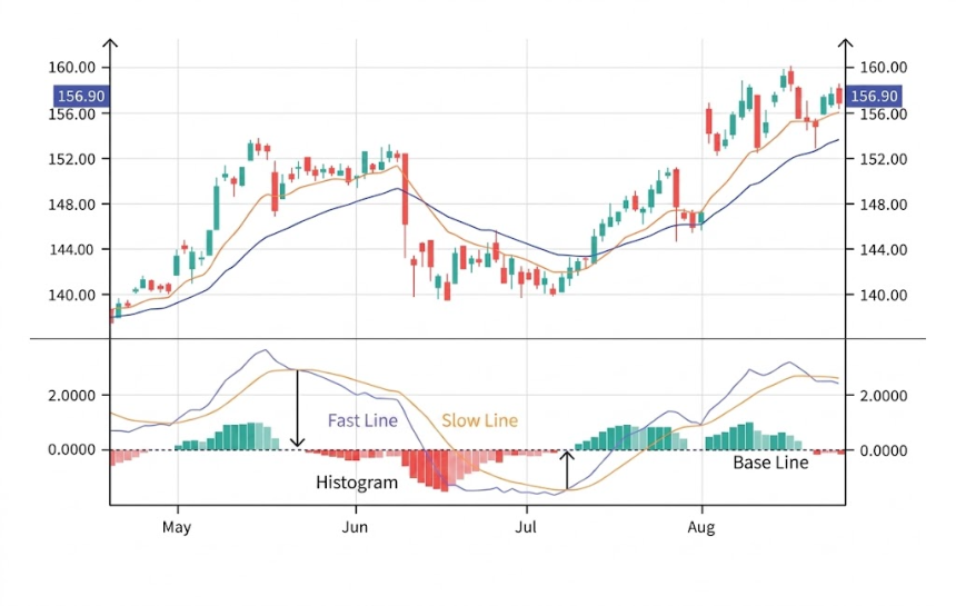MACD 的计算方式：快线、慢线与柱状图