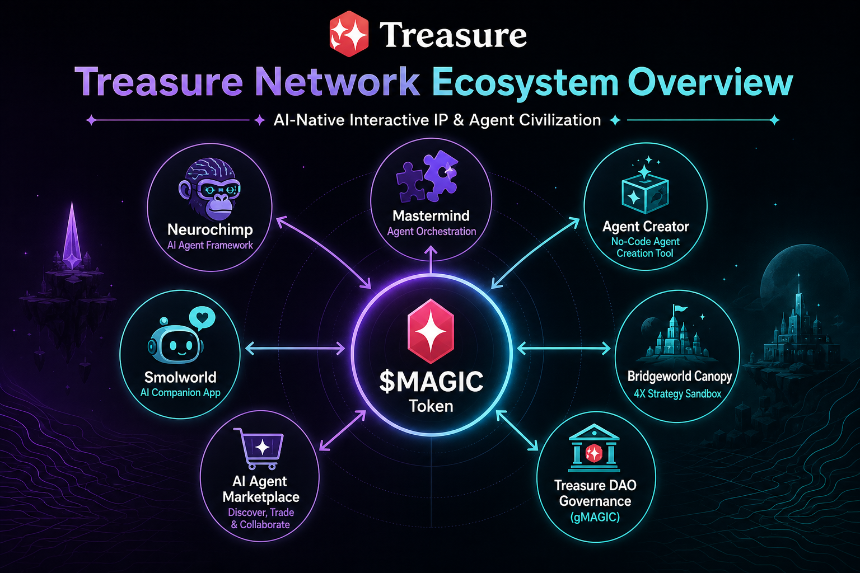 Treasure Network ecosystem overview with MAGIC at the center connecting AI agents, games, and governance