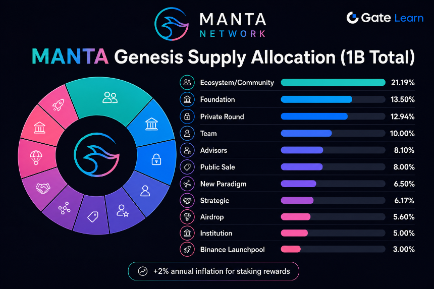 MANTA token genesis supply allocation breakdown across ecosystem, foundation, investors, and team categories