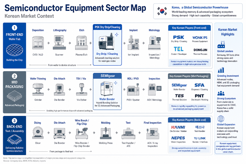 Korean semiconductor equipment sector map showing PSK positioning in front-end dry strip and advanced packaging segments